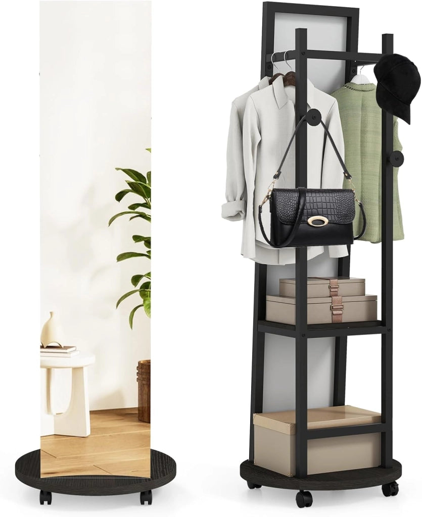 Appendiabiti con Specchio a Figura Intera, Appendiabiti Autoportante con 3 Ganci e Ripiani per Stoccaggio, Specchio da Terra con Ruote per Camera da Letto e Ingresso (Naturale)