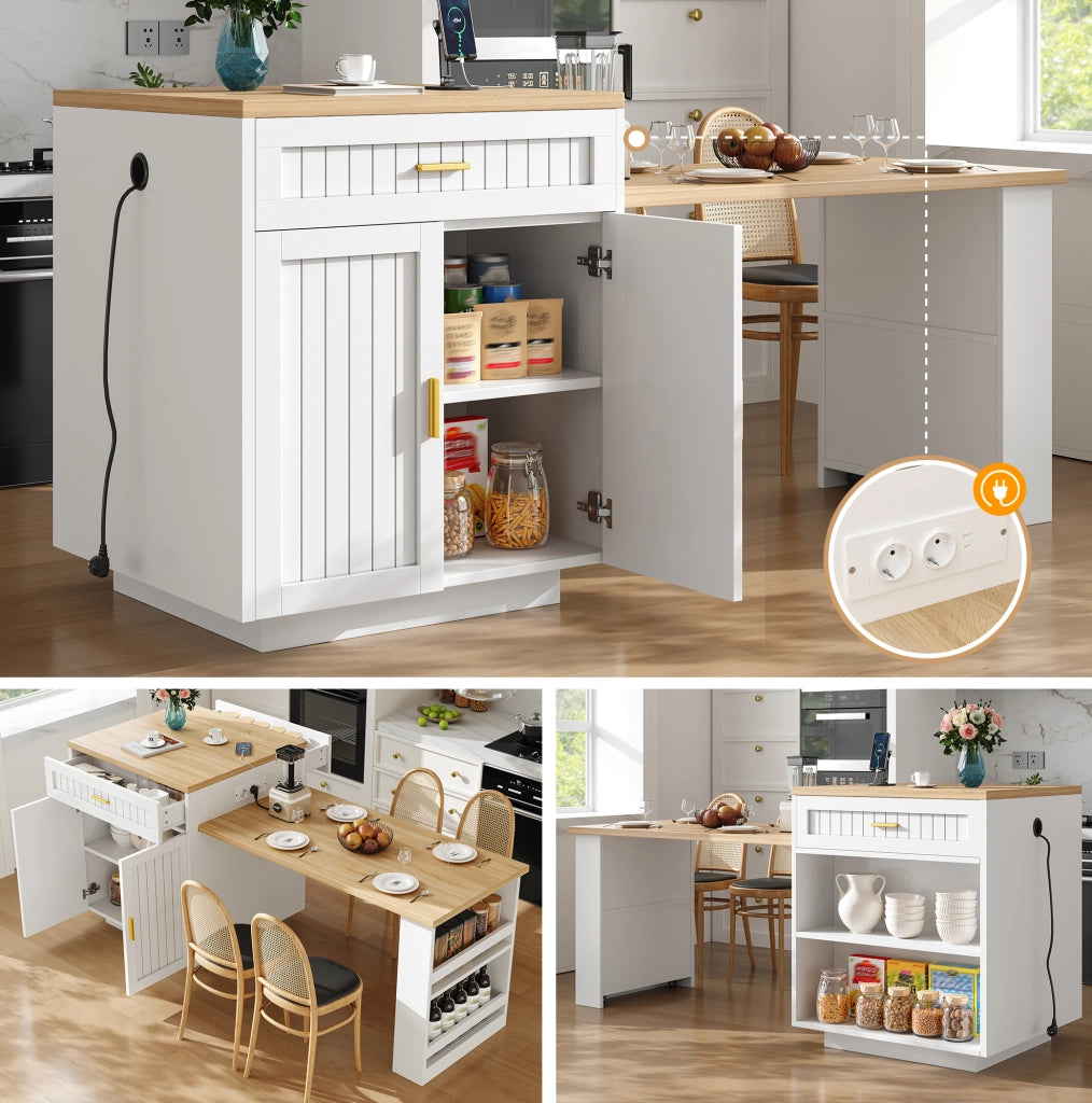 Isola cucina allungabile con presa integrata, 121,5-192 cm, bianca