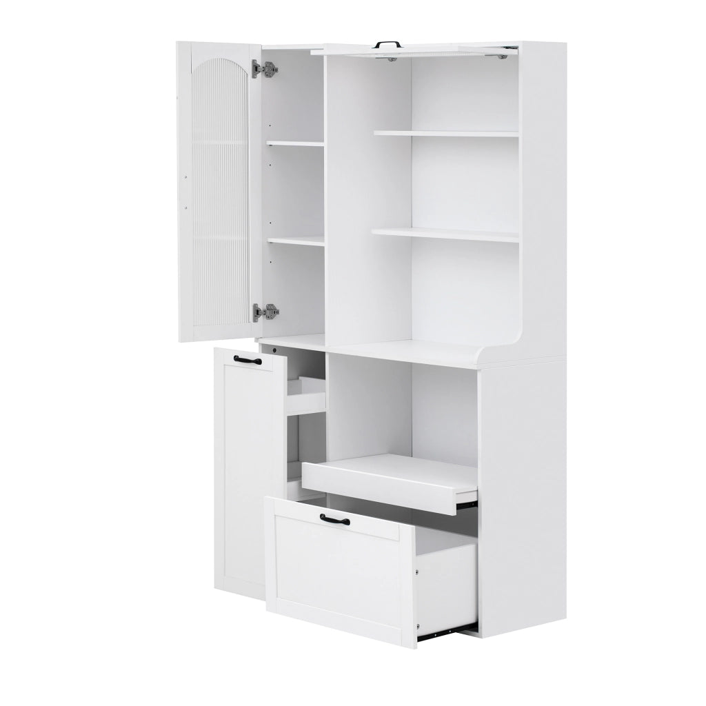 Credenza alta in MDF con ripiani regolabili, cassetto e vetro zigrinato per cucina soggiorno e sala da pranzo bianco