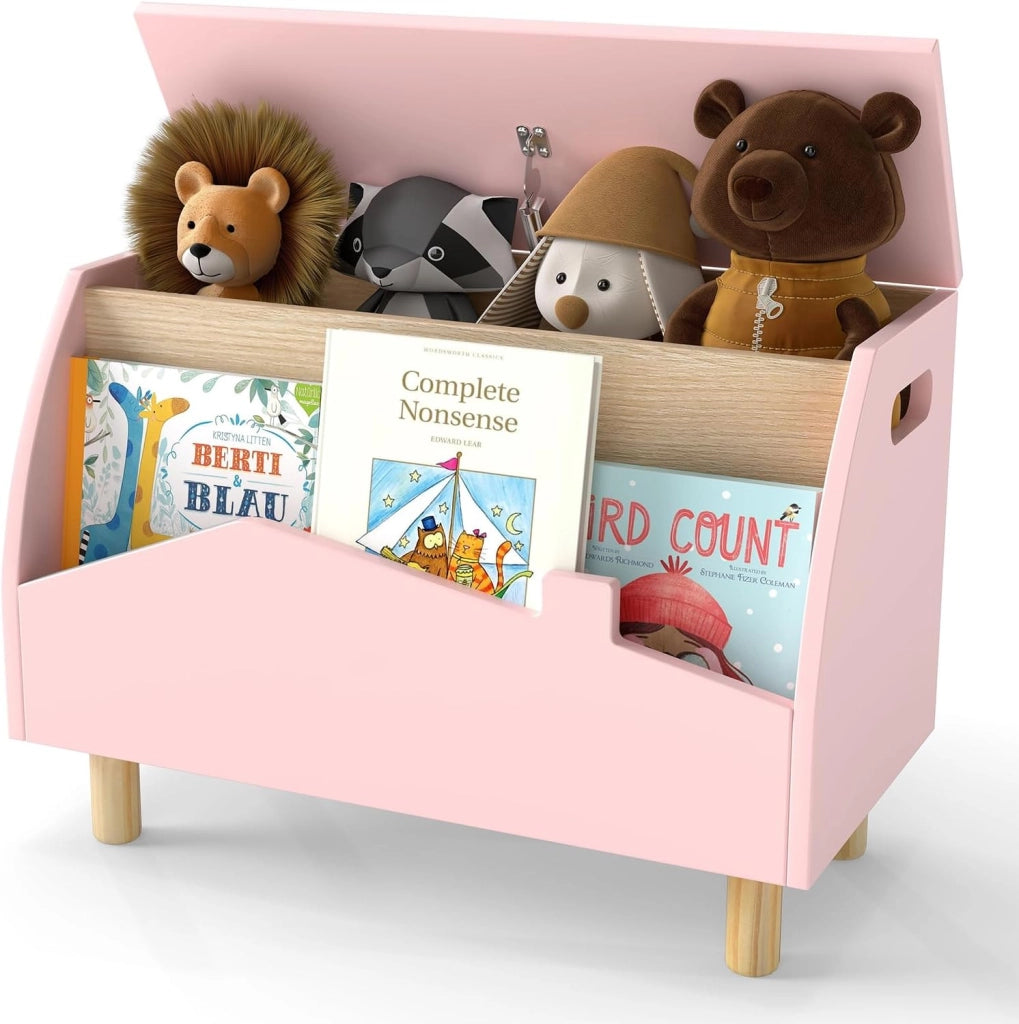 libreria Montessoriana 2-in-1 per Bambini in Legno, Scaffale Porta Libri e Giocattoli con Cassone, Coperchio Ammortizzato e Maniglie, Ideale per Cameretta e Nido, 60 x 30 x 44 cm (Rosa)