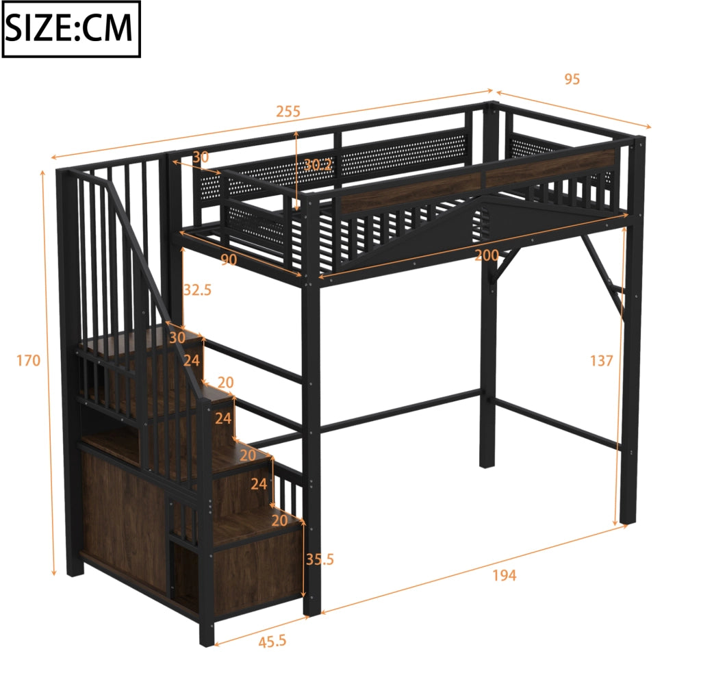 Letto a soppalco 90x200 cm nero in metallo con scala contenitore e finestra