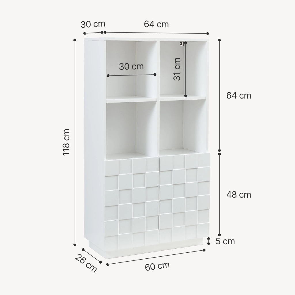 Armadio Comò Alto Bopibobro a 2 Ante Credenza con 4 Ripiani Aperti e 4 Vani Chiusi 118 x 64 x 30 cm - Bianco [en.casa]