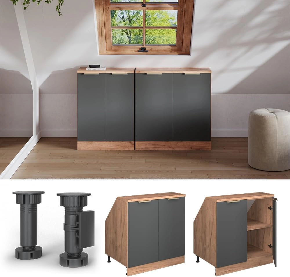 Mobile sottotetto Rion, Antracite-oro, 80 x 81.6 cm con 2 porte, carcassa 60 cm profondità, adatto per il salvaspazio sotto tetti spioventi