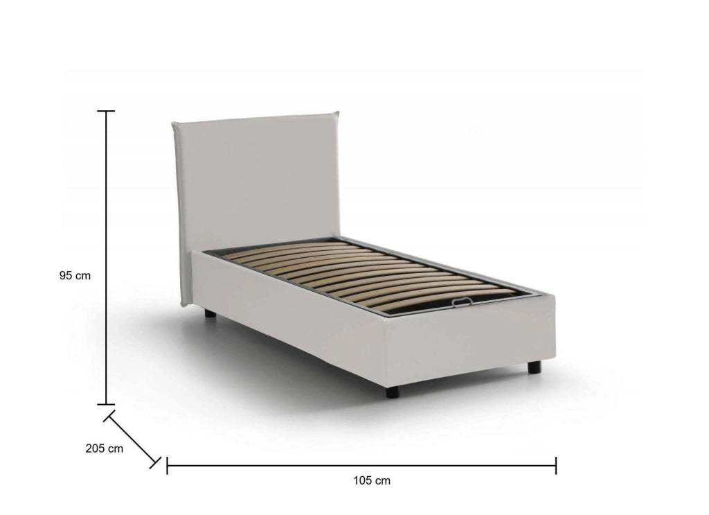 Letto singolo UmmHakim, Letto contenitore con rivestimento in ecopelle, Made in Italy, Apertura frontale, adatto per materasso cm 90x190, Bianco