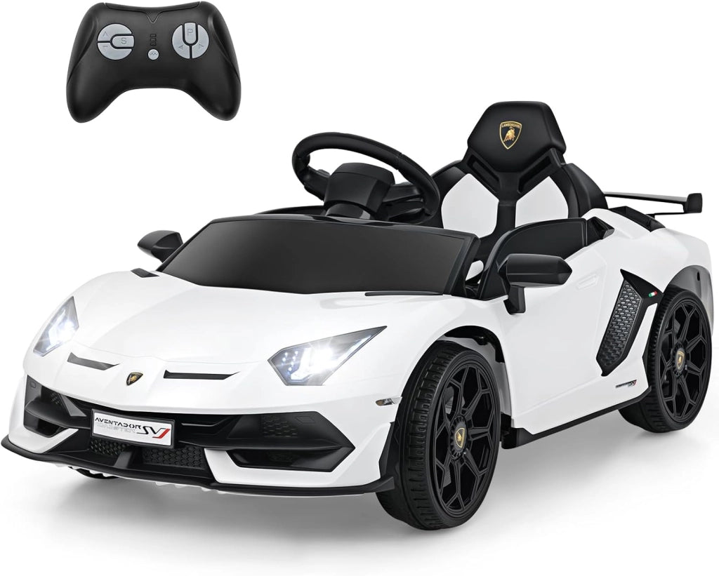 Macchina Elettrica per Bambini Lamborghini SVJ 12V con Telecomando, Auto Elettrico a Pedale e Luci LED, Veicoli con Musica, MP3, Clacson e USB, Carico 30 kg, 3-8 Anni (Bianco)