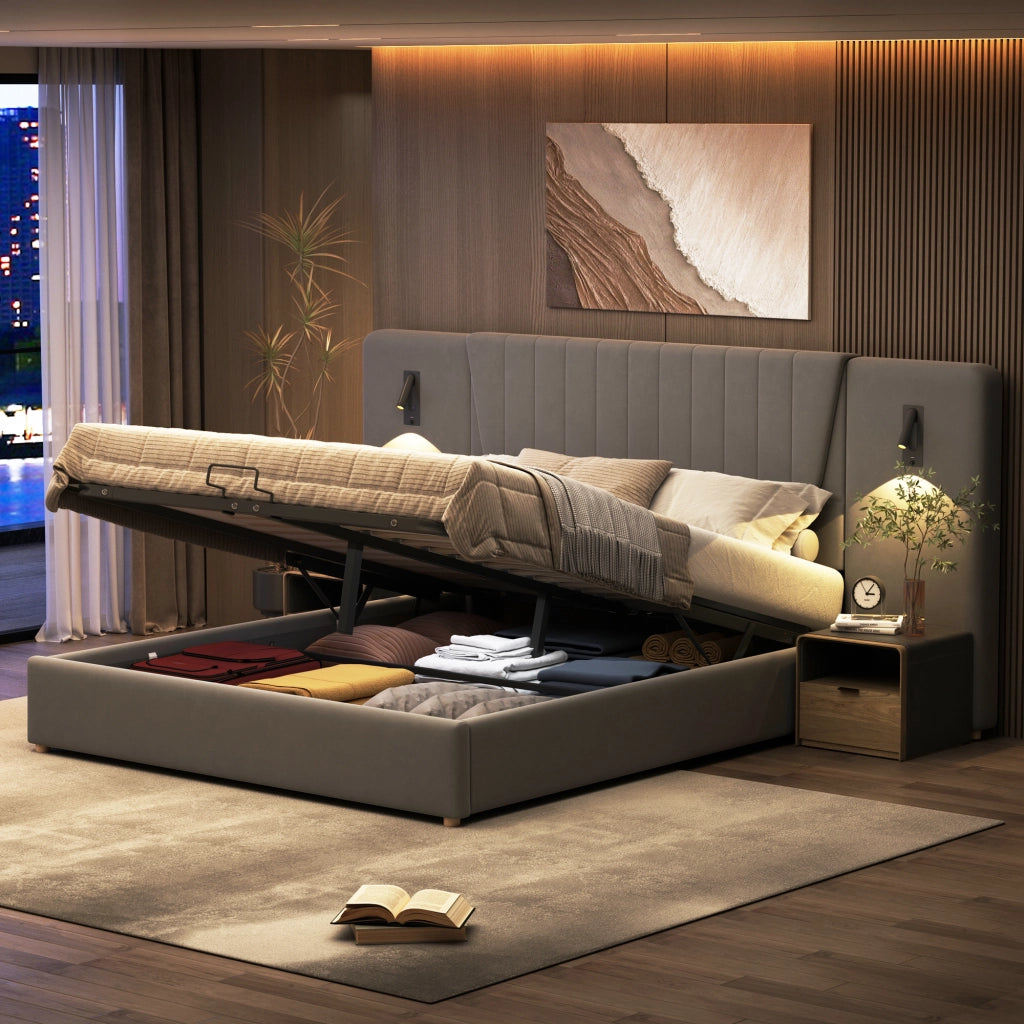 OKWISH Letto Contenitore 180×200 cm, Letto Matrimoniale con Lampade da Lettura Orientabili, USB e Testiera Alta, senza Materasso, Grigio