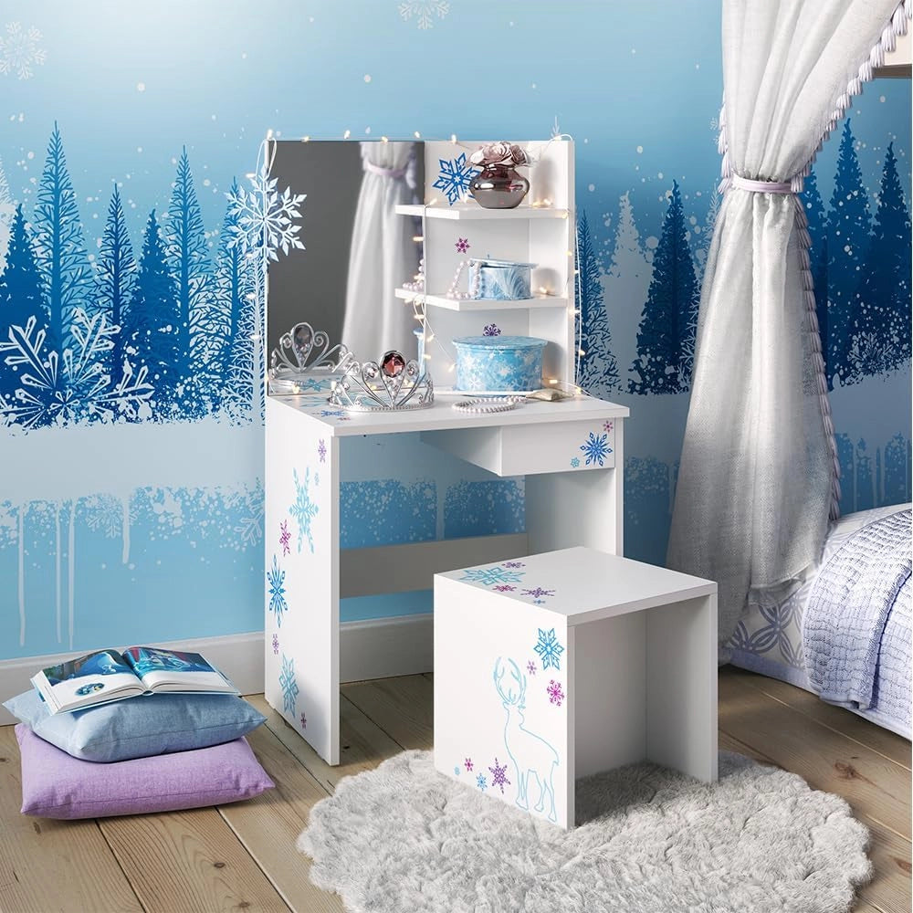 Tavolino da toilette per bambini Schneeflocke, Bianco, 54.8 cm con illuminazione a LED, adatto per la conservazione di cosmetici e accessori