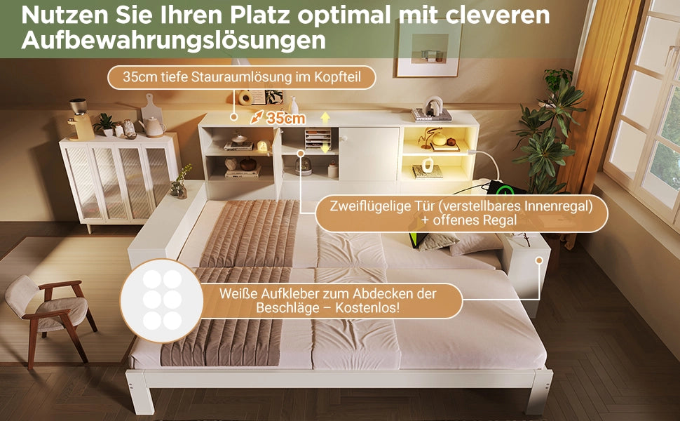 DESMIU Lit Simple 90 × 200 cm con letto estraibile, USB, Type-C e luce lettura, senza materasso, bianco