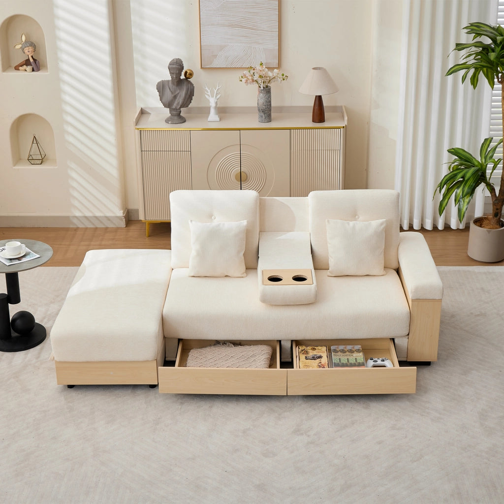 Divano letto con contenitore e schienale regolabile in chenille beige 217 × 110 × 90 cm
