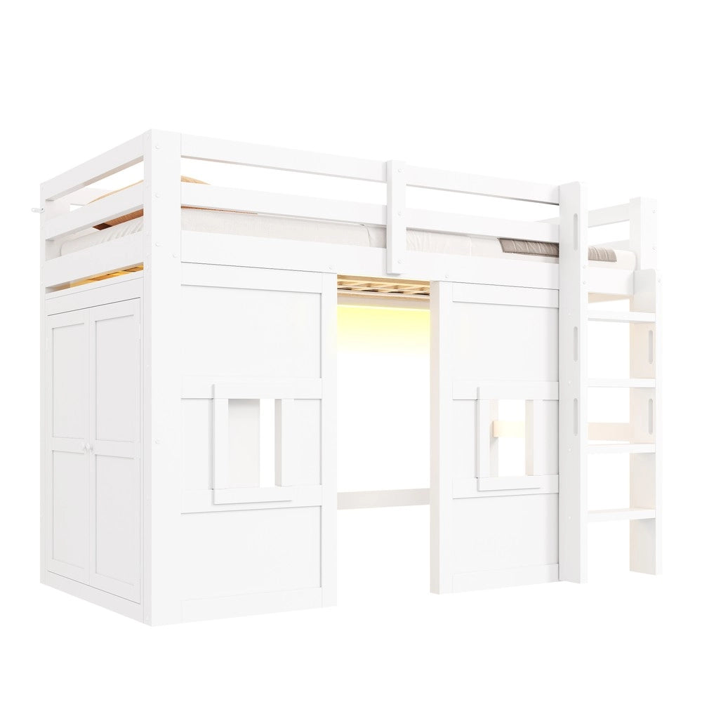 Letto a Soppalco con Armadio Integrato, Finestre e LED ¨C Xylo ¨C Bianco 90x200