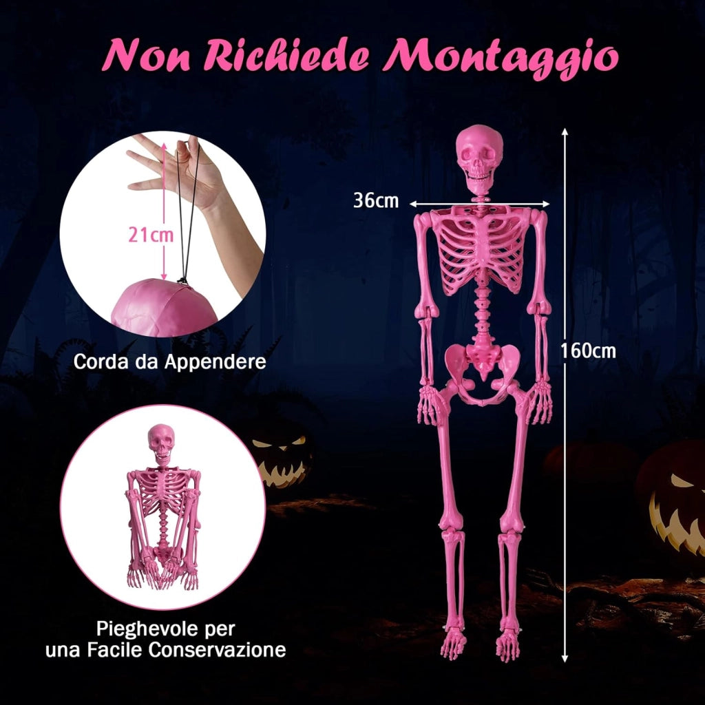 COSTWAY Scheletro di Halloween 160 cm, Scheletro Umano a Grandezza Naturale con Giuntura Mobile, Halloween Decorazione da Interno ed Esterno, per Giardino, Feste di Cimitero e Casa Infestata