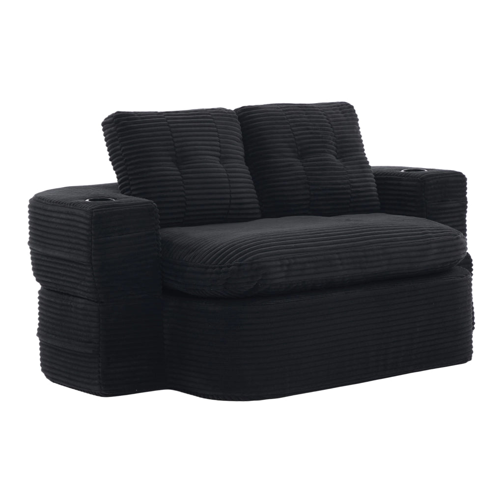 Poltrona letto 2 in 1 in corduroy nero, seduta extra profonda con schienale alto, doppi portabevande e tasche laterali