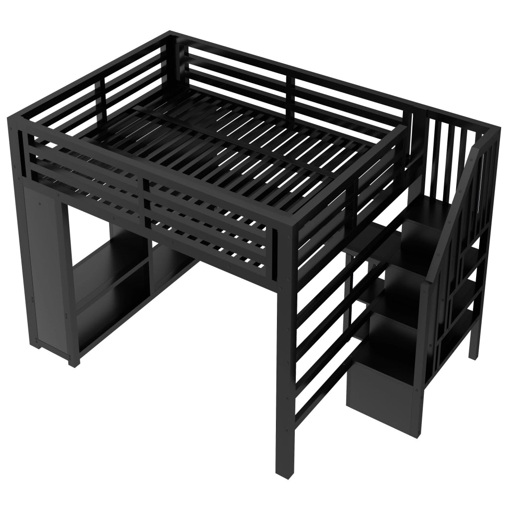 Letto a Soppalco 160x200 cm; Letto Matrimoniale - Scrivania; LED e Armadio in Metallo
