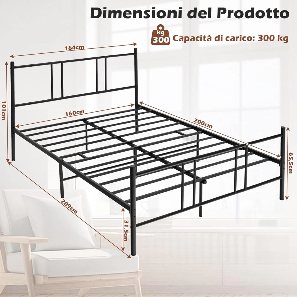 Telaio da Letto in Metallo, Struttura Letto Moderna con Testiera, Pediera e Doghe in Acciaio, Carico Massimo 300kg (200cm x 160cm)