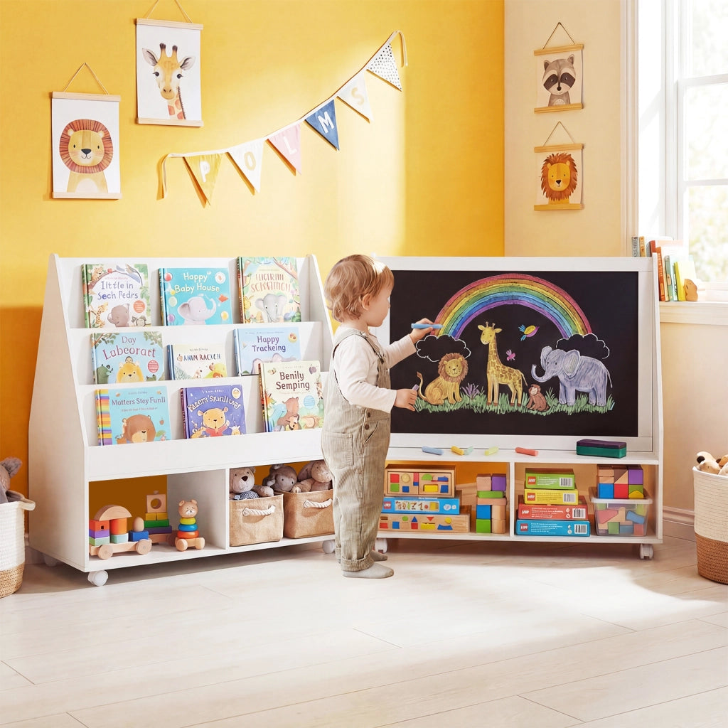 Libreria montessori con lavagna per bambini, Scaffale portagiochi con ruote con ripiani e scomparti in Bianco