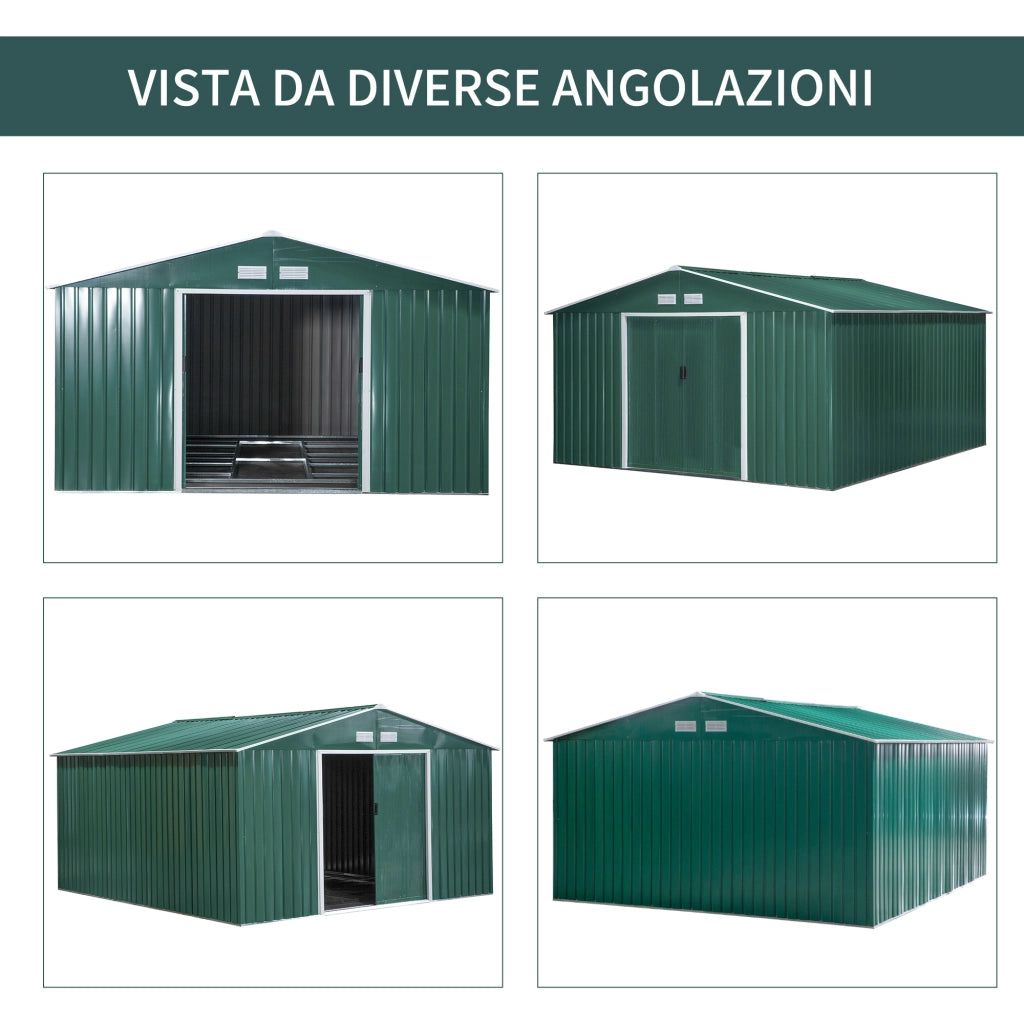 EasyComfort Casetta da Giardino con 2 Porte Scorrevoli e 4 Prese d'Aria in Acciaio, 340x386x200cm, Verde