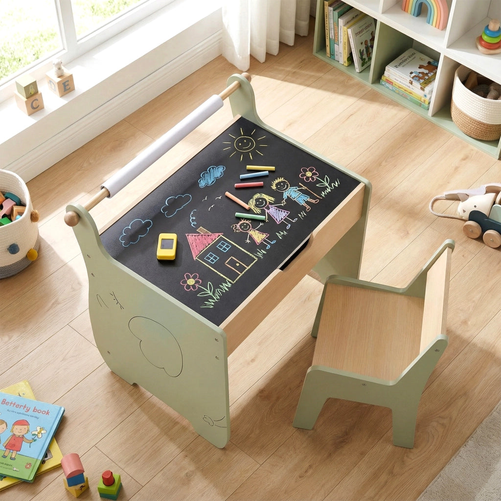 Set tavolo sedia bambini legno studio lavagna reversibile rotolo carta-Set multi-attività contenitore nascosto disegno pittura scrittura