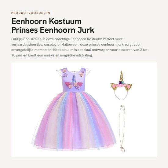 Costume di Unicornio - Abito da Principessa - Costume da Divertimento per Donne - Cosplay/Halloween - Età 2-10 Anni - Incluso Collare/Cintura per la Testa