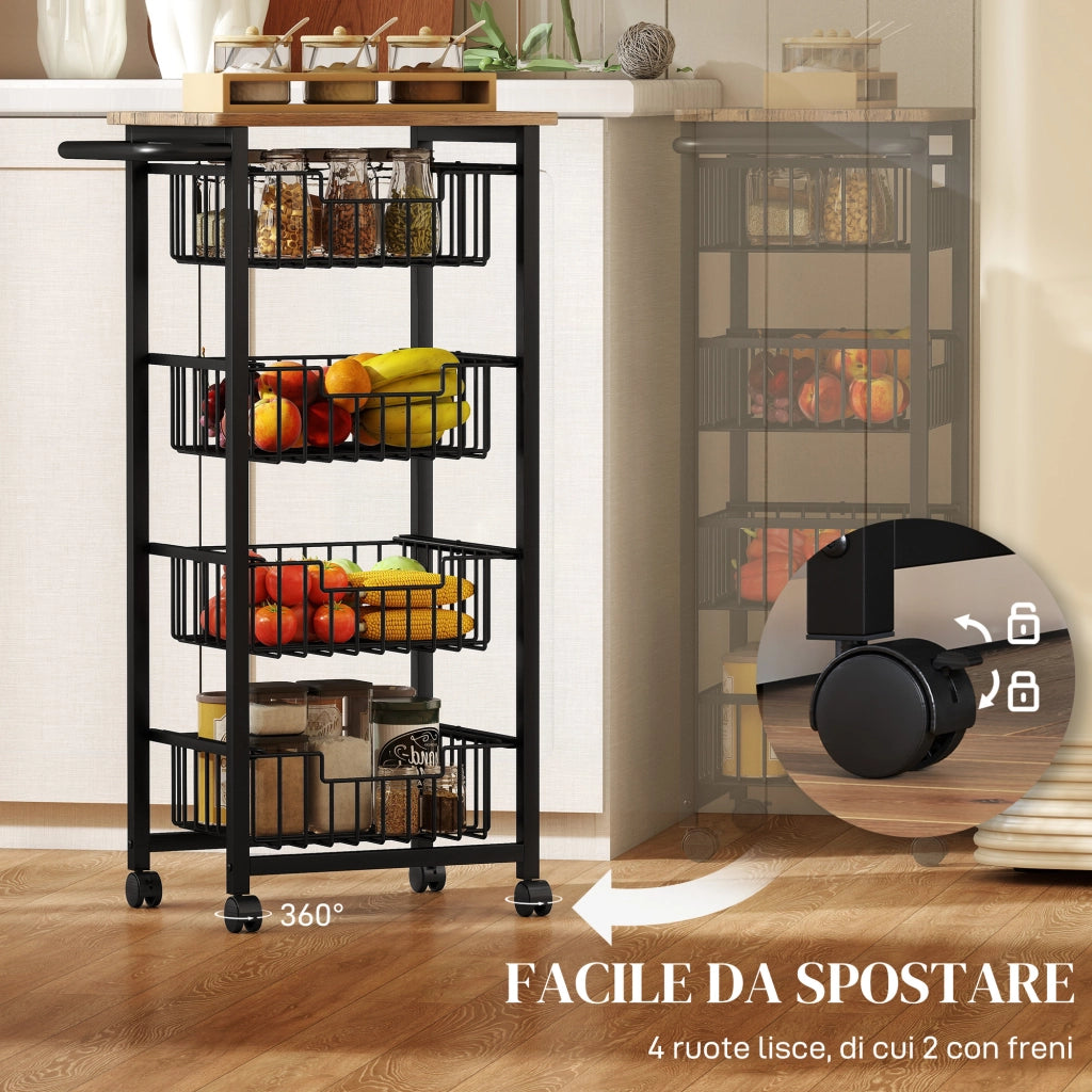 Carrello da Cucina con 4 Cestini Estraibili ¨C Xylo ¨C Acciaio e Legno Rovere 49.5x31x91cm