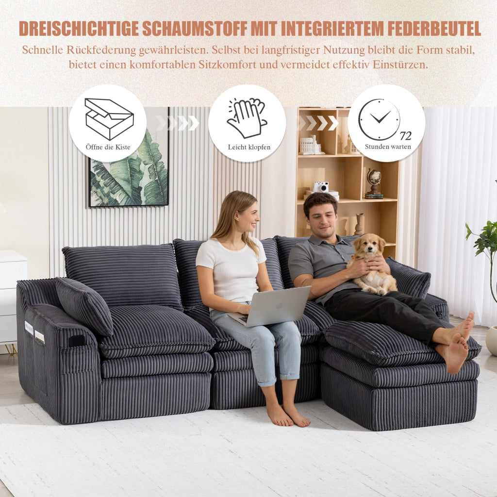 Divano modulare 3 posti con pouf, cuscini e tasche laterali, in tessuto corduroy grigio scuro per soggiorno e ufficio