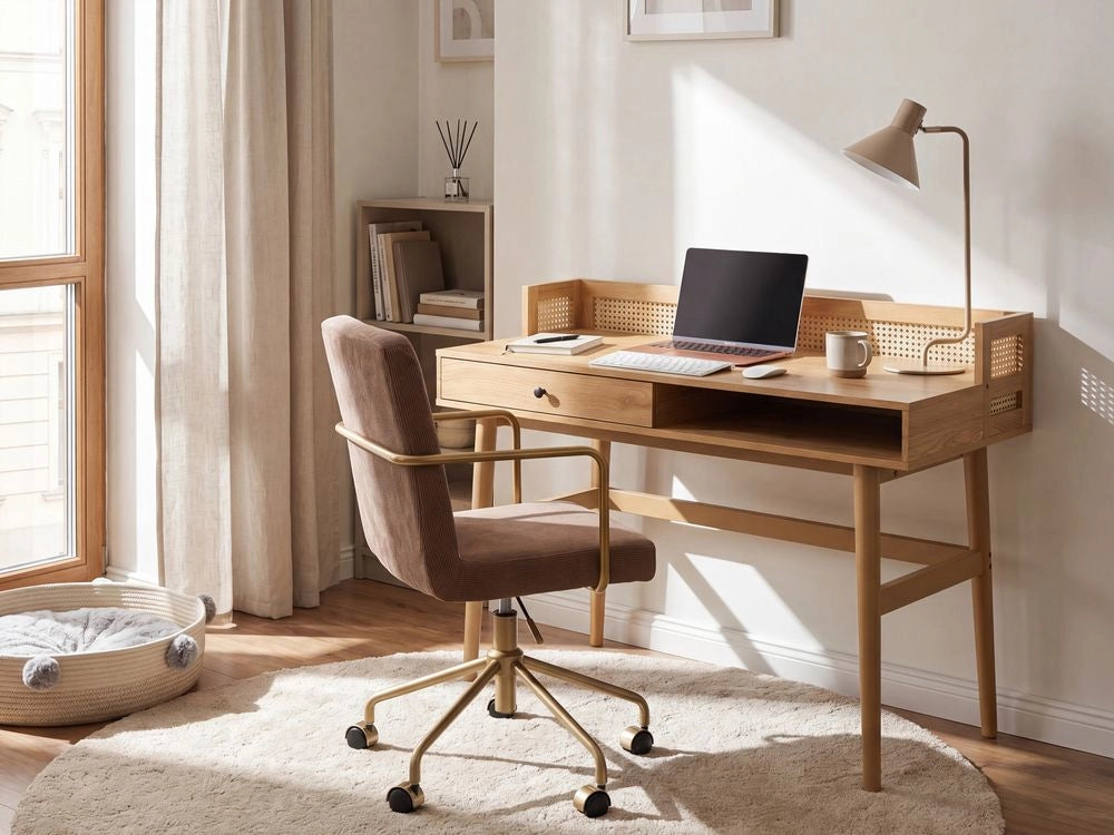 Scrivania da casa in MDF marrone chiaro 120 x 60 cm, con cassetti e intreccio viennese, gambe in legno, design scandinavo