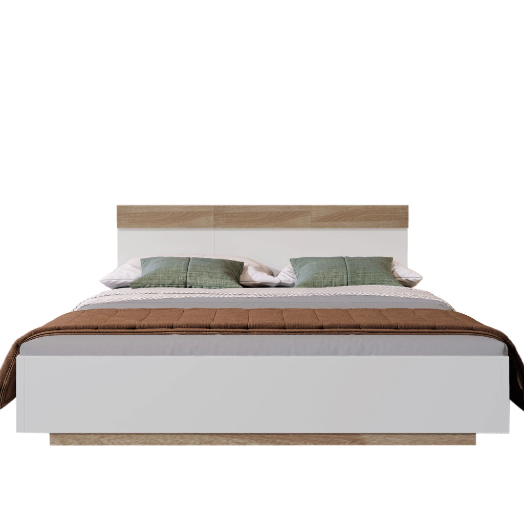 Letto matrimoniale 180x200 cm con rete a doghe; bianco e effetto rovere sonoma