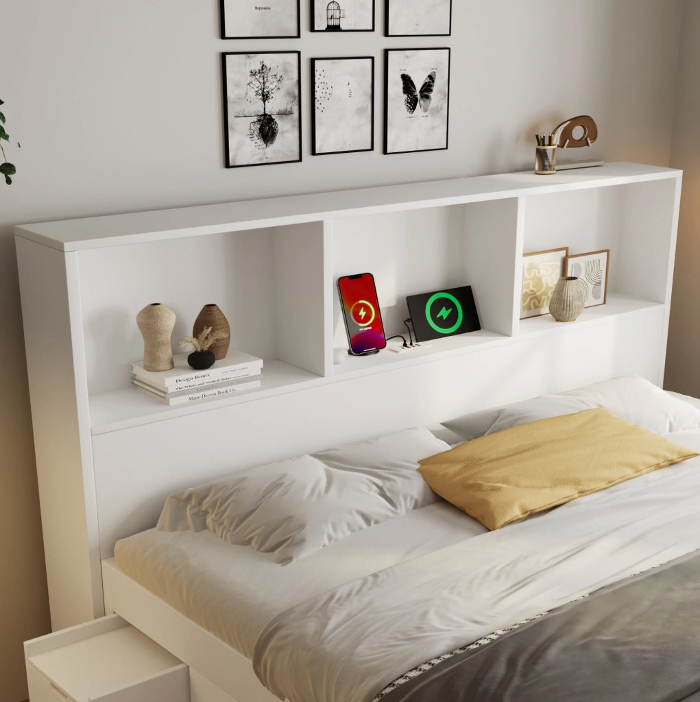 Letto matrimoniale ULEVR 140x200 cm bianco con LED, USB-C, cassetto e 2 comodini mobili