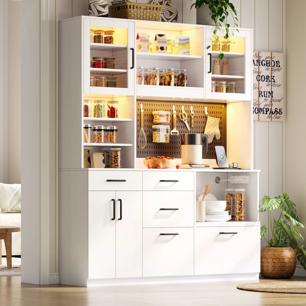 Mobile cucina multifunzione bianco con LED RGB, presa integrata, 5 cassetti e ripiani regolabili