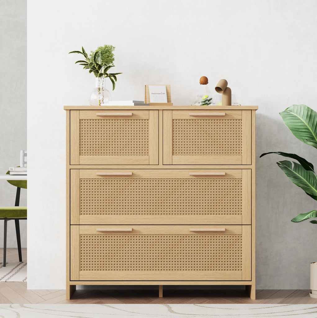 Cassettiera a 4 cassetti in MDF e rattan naturale 80x80x38 cm; naturale
