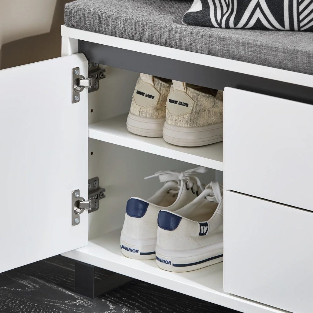 Scarpiera con 2 ante e 2 cassetti, Panca con vano portaoggetti, Panca ingresso, Scarpiera con sedile, Bianco 110x35x42cm FSR176-W