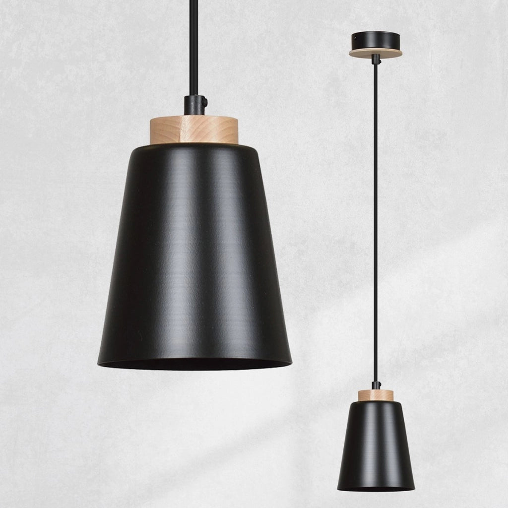 Lampada a sospensione BOLERO nera con dettagli in legno