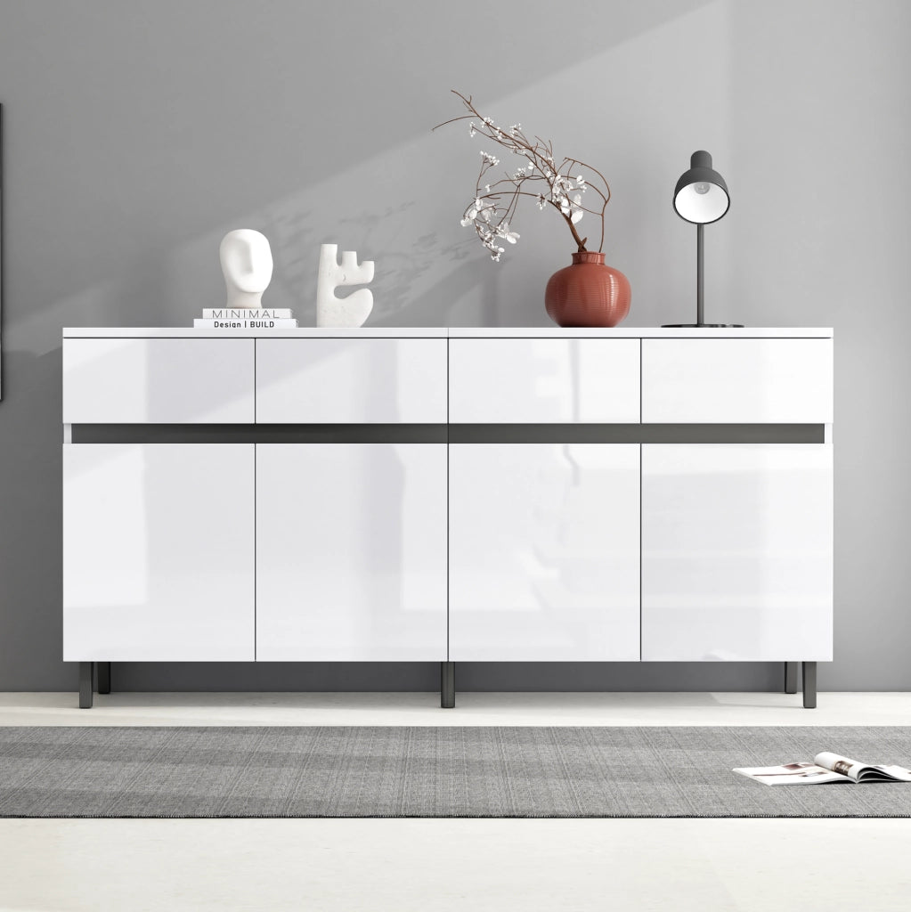 Credenza bianca lucida 160 cm con 4 cassetti e ripiani regolabili