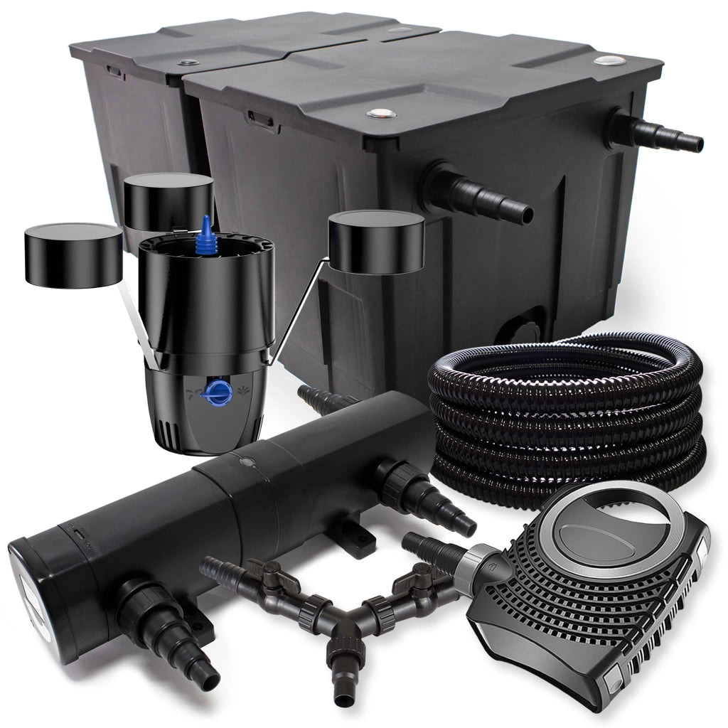 Set Filtro 60.000l Chiarificatore laghetto 36W Pompa NEO10000 80W Tubo 25m Skimmer