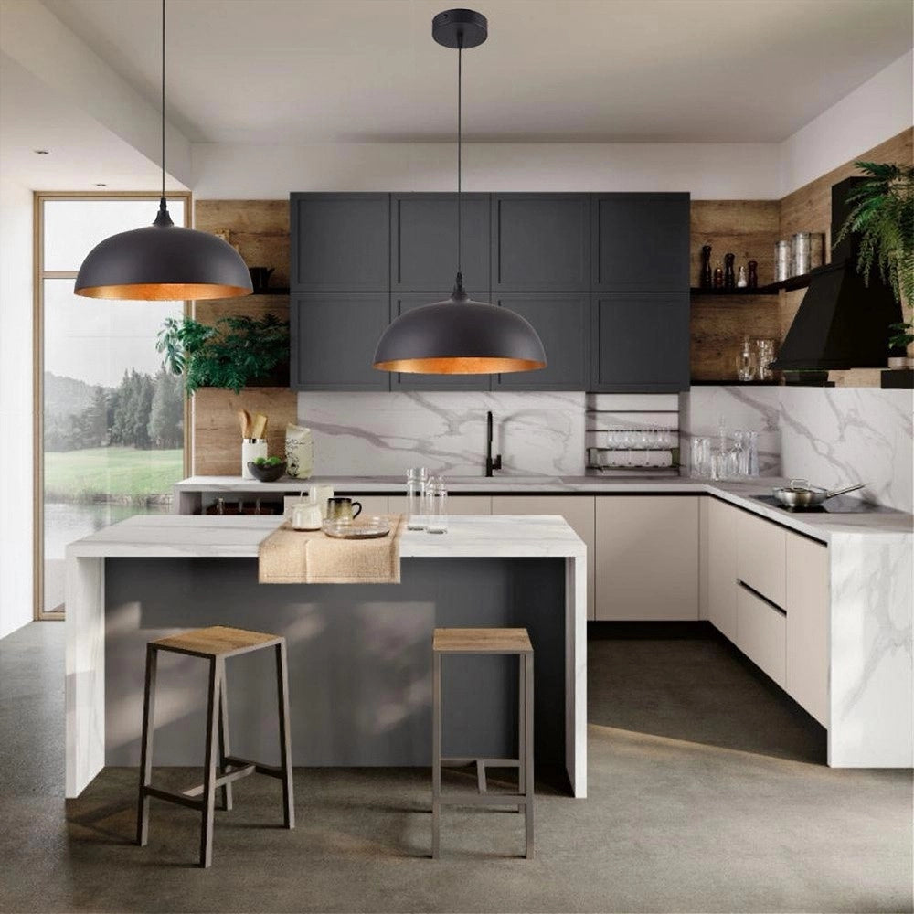 Trade Shop - Lampadario A Sospensione Soffitto E27 Ferro Paralume Moderno Elegante Cupola B90 - Nero