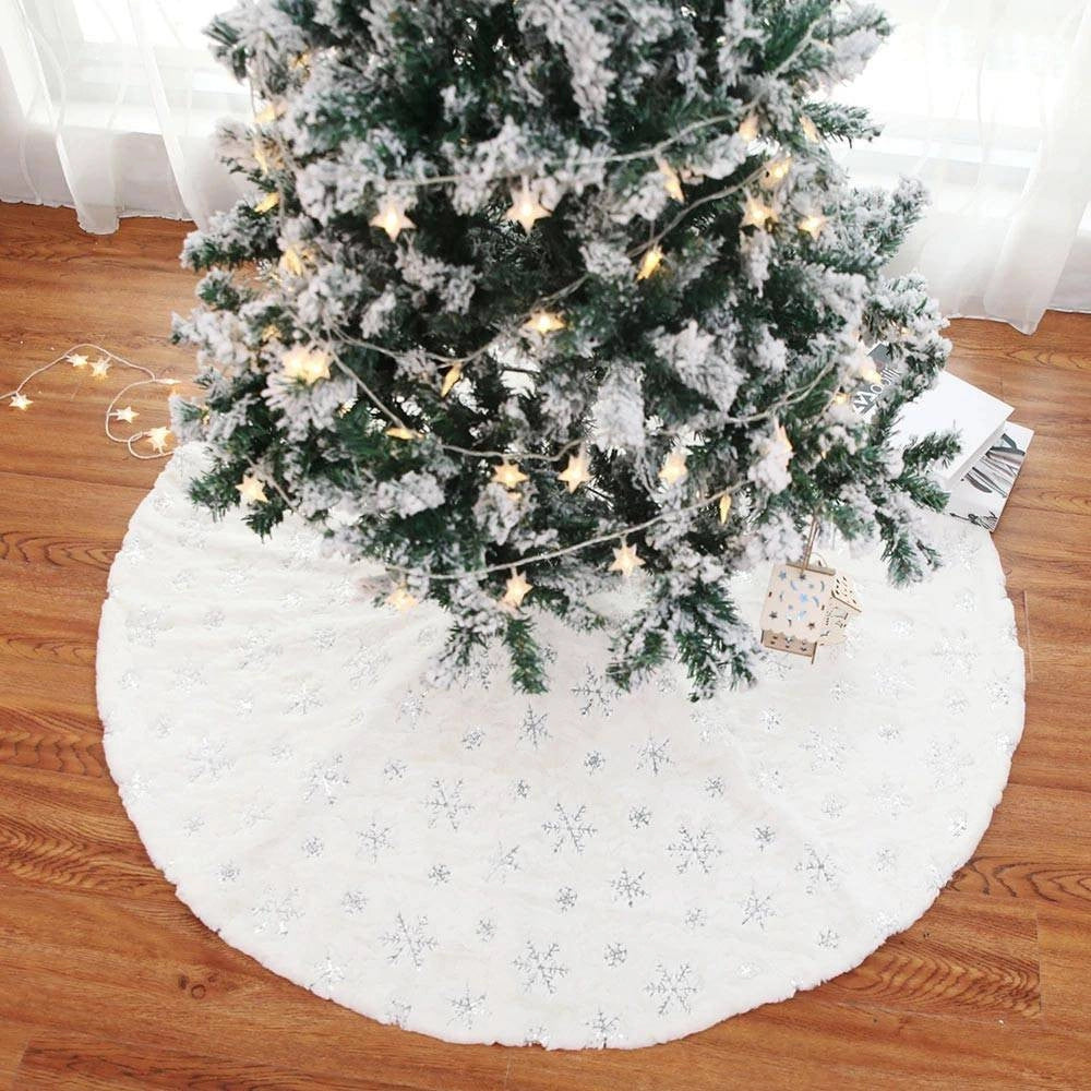 Trade Shop - Tappeto Gonna Copertura Base Albero Di Natale 80cm Peluche Fiocco Di Neve Silver -