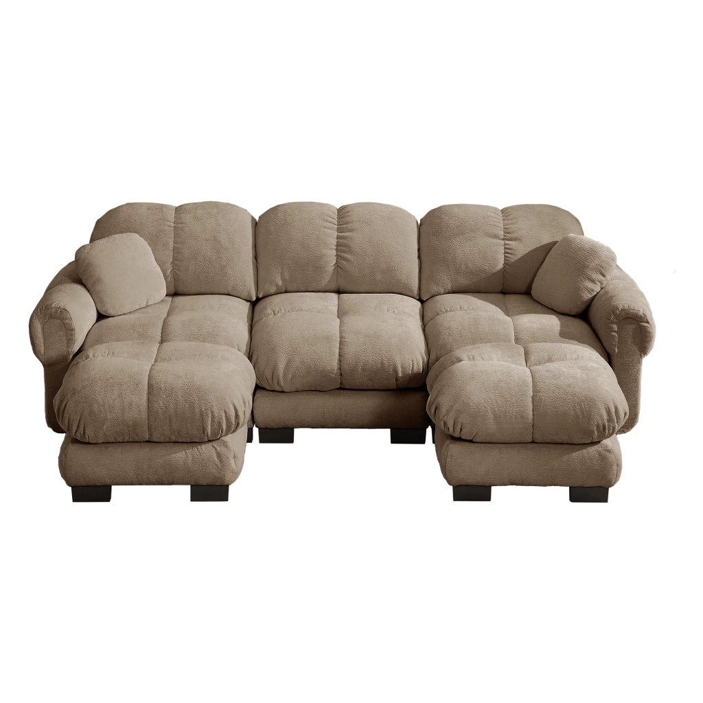 Divano panoramico a U 3 posti modulare con pouf mobile e cuscini in ciniglia marrone per soggiorno