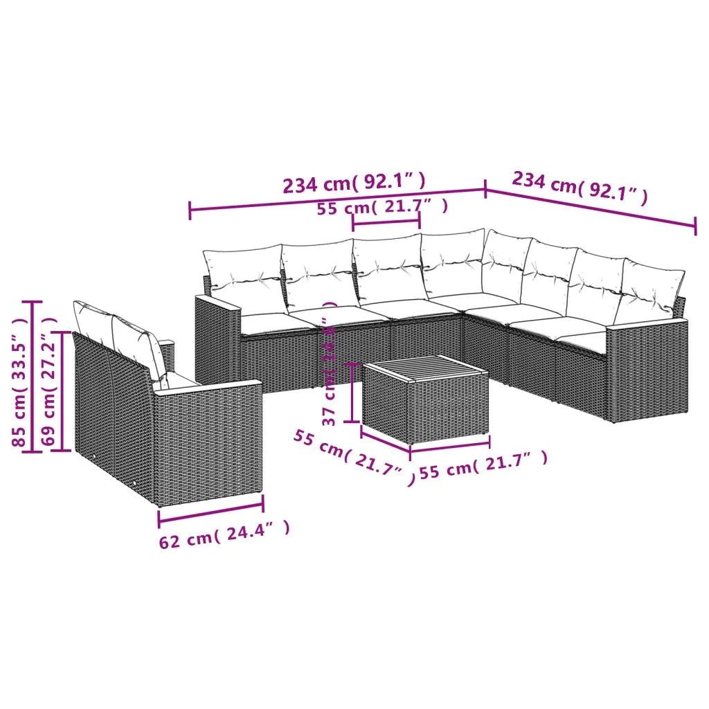 Set Divano da Giardino 10 pz con Cuscini Beige in Polyrattan 3226107
