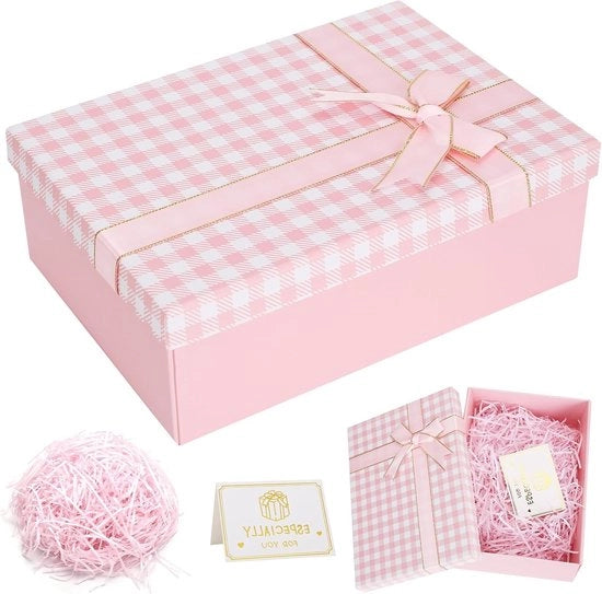 Scatola di regalo rosata con nastri e cartolina di auguri (25 x 18 x 8,5 cm)