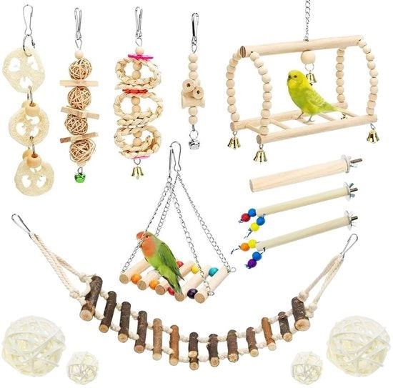 Set di sedi per uccelli, 14 pezzi, giocattoli per uccelli, set di gioco per pappagalli, sedia oscillante per uccelli, sedi per uccelli.
