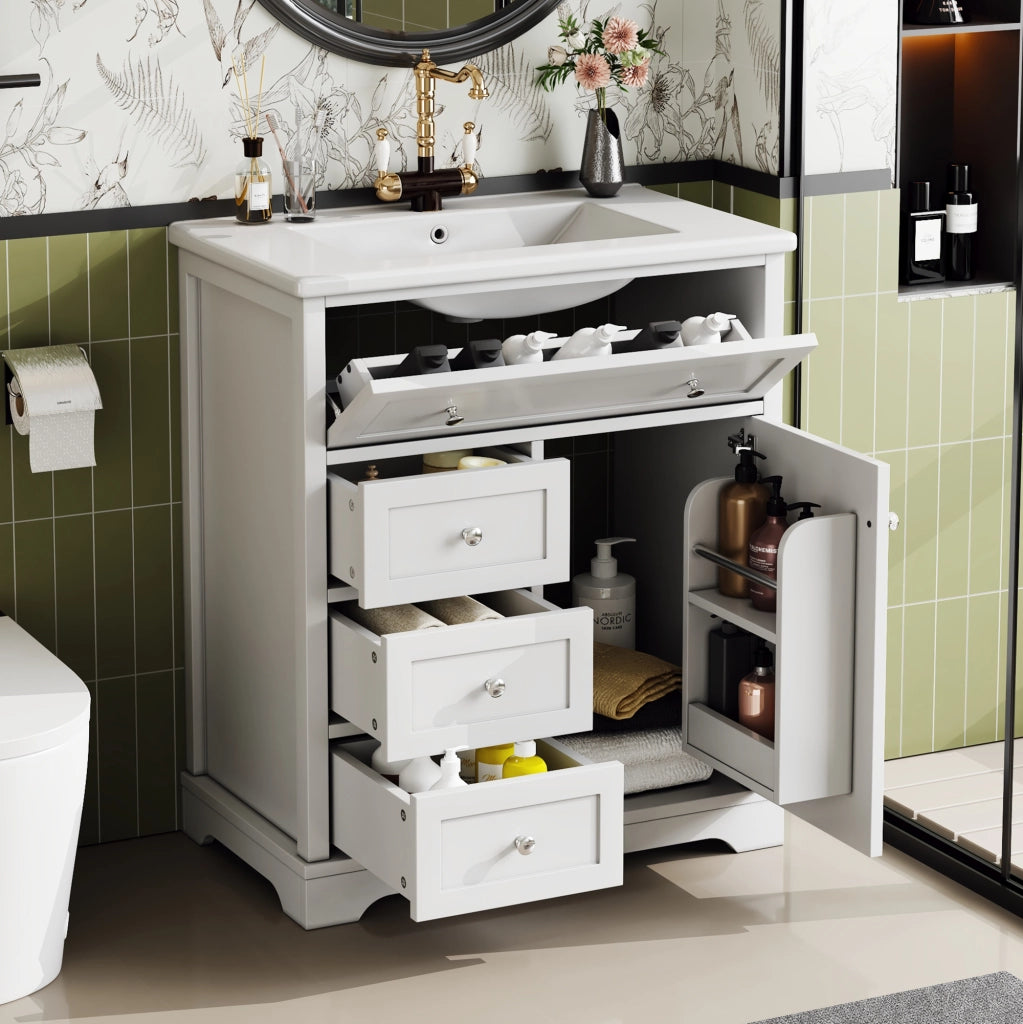 Mobile sottolavabo con lavabo in ceramica, 1 anta e 4 cassetti, finitura laccata, per bagno, bianco, 76 × 46 × 87 cm