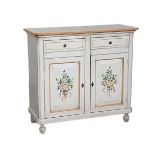 Credenza napoletana in legno bianco anticato decorata filo arancione