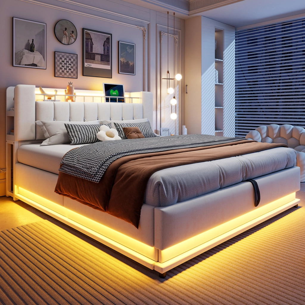 Letto imbottito 180x200 cm con LED; USB e contenitore idraulico in velluto beige