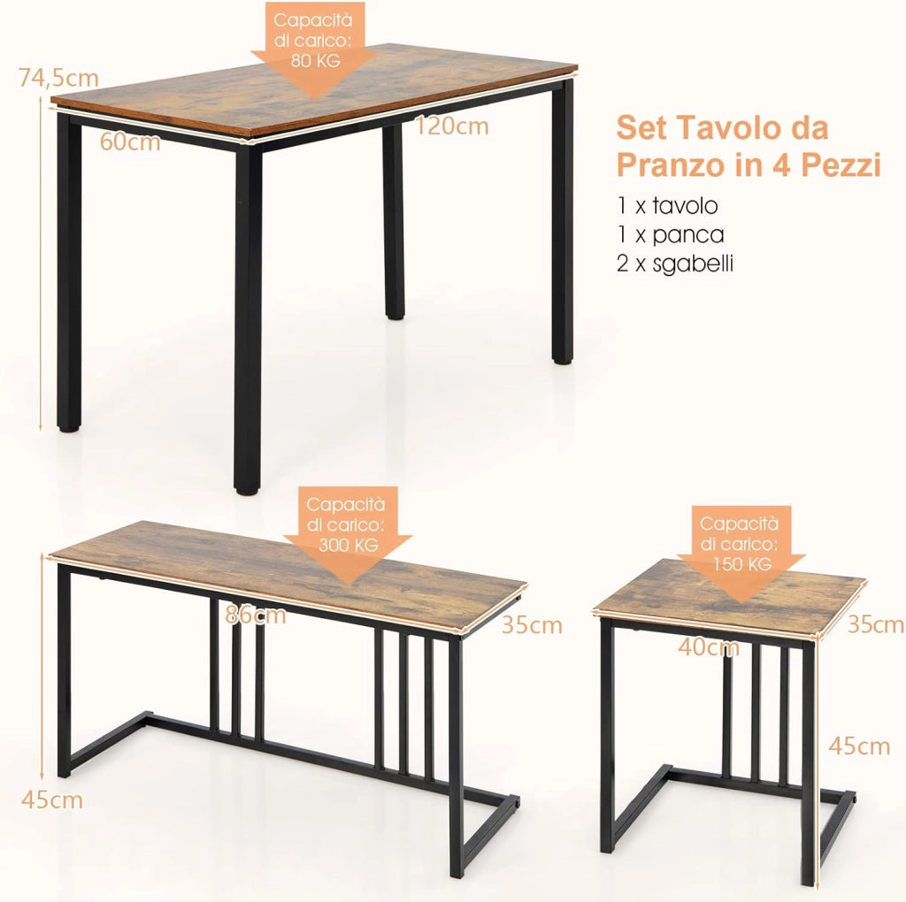 Set Tavolo da Pranzo 4 Pezzi, Tavolo da Pranzo con Panca e 2 Sgabelli, in Stile Industriale, Set Tavolo Salvaspazio per Cucina, Ristorante, Bar