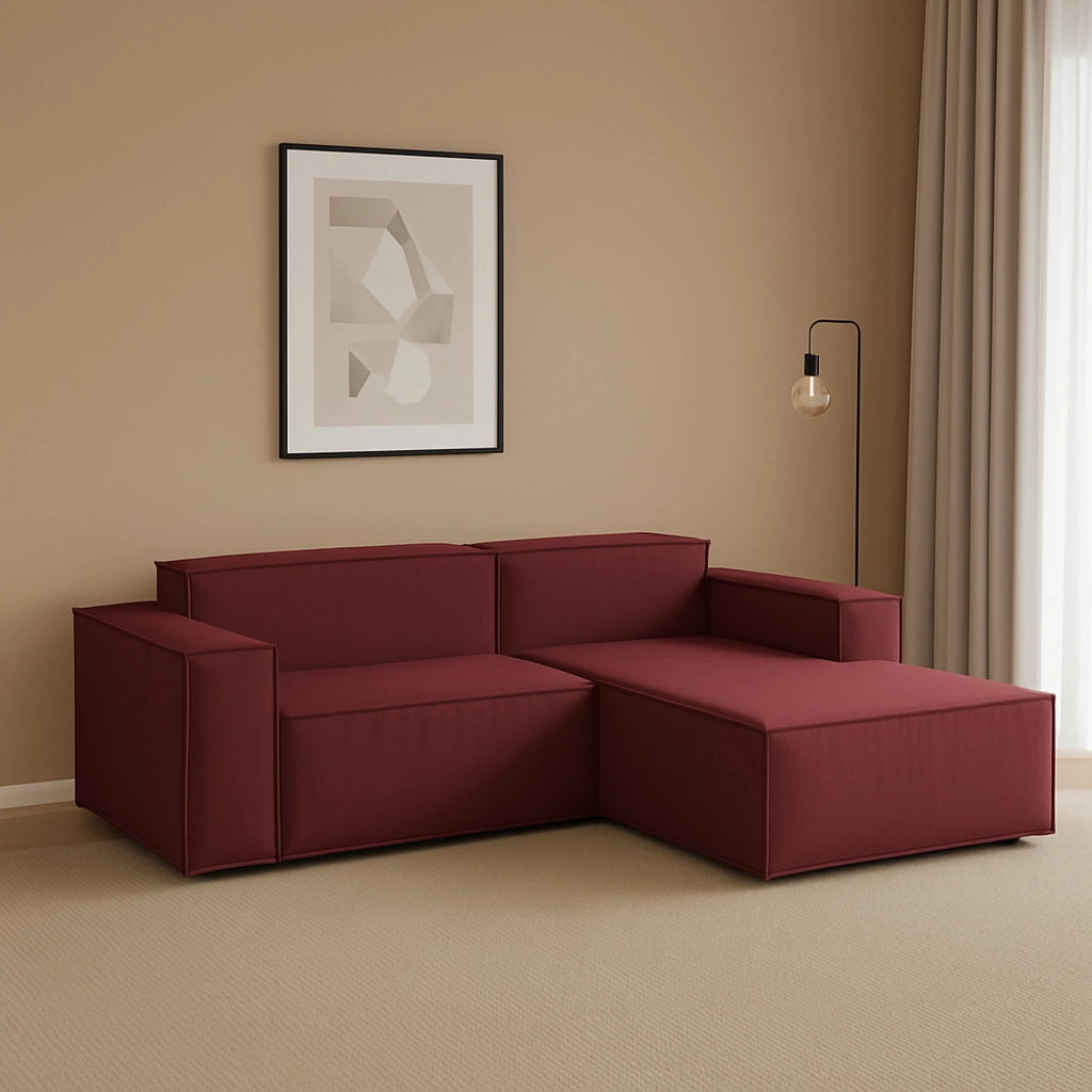 Divano fisso Ameli, Divano componibile a 2 posti large con penisola destra, Made in Italy, SofÒ  moderno in tessuto, Cm 240x170h70, Rosso
