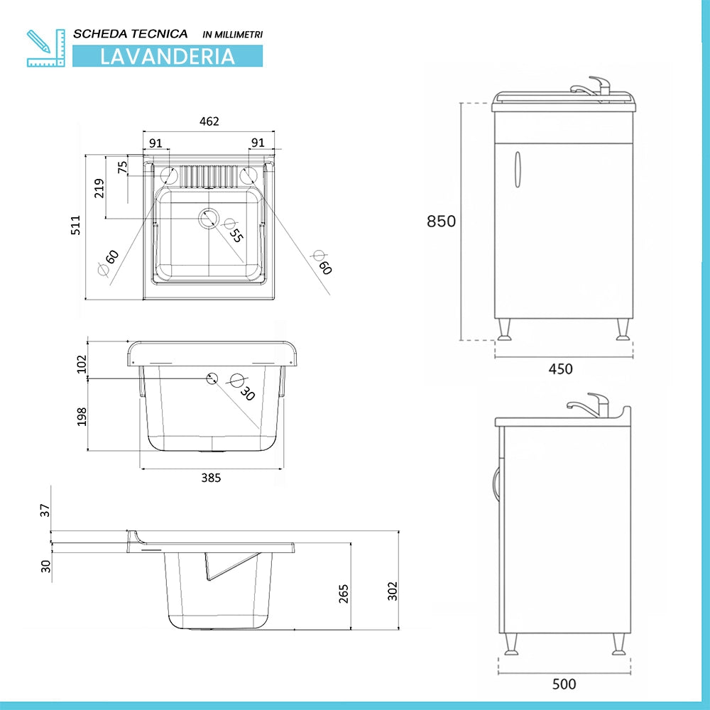 Set lavanderia con lavatoio colonna e pensile in legno bianco Fedra