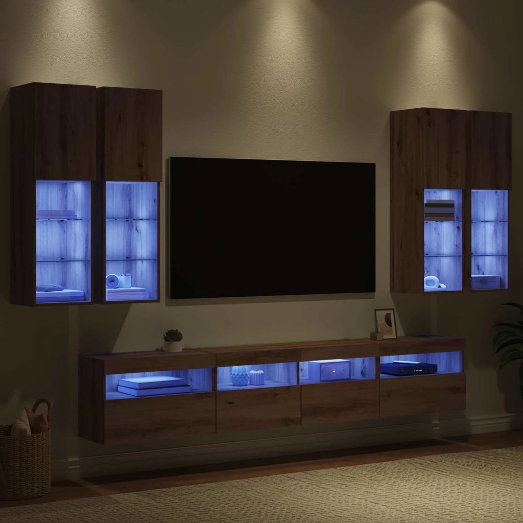Set Mobile TV a Muro con Luci LED 7 pz-Credenza per TV sospesa rovere artigianale