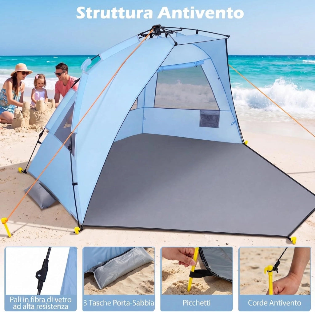Tenda da Spiaggia Grande Adatta a 3-4 persone, Tenda da Campeggio Pop Up con 4 Finestre in Rete, Porta con Cerniera e Borsa da Trasporto, Protezione Solare, 278 x 139 x 160 cm