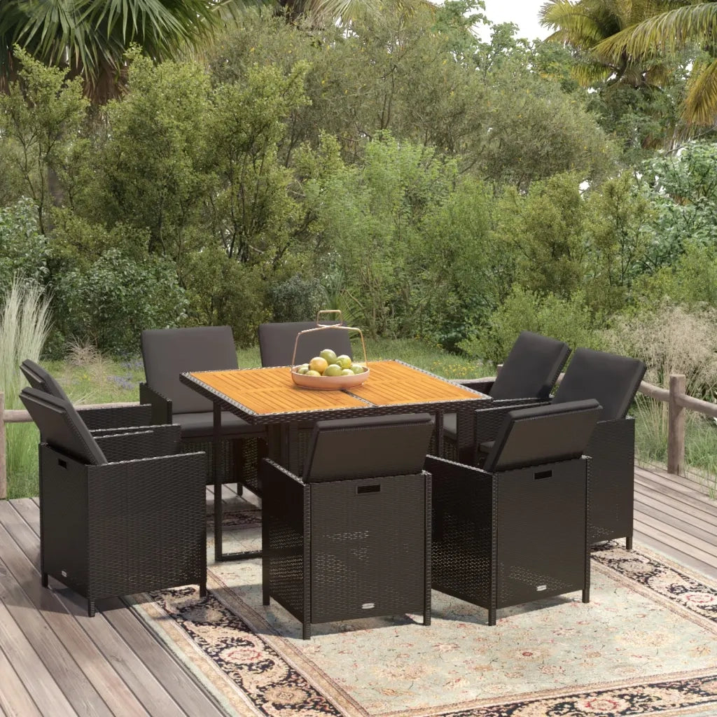 Set da Pranzo per Giardino 9pz con Cuscini in Polyrattan Nero cod mxl 42946