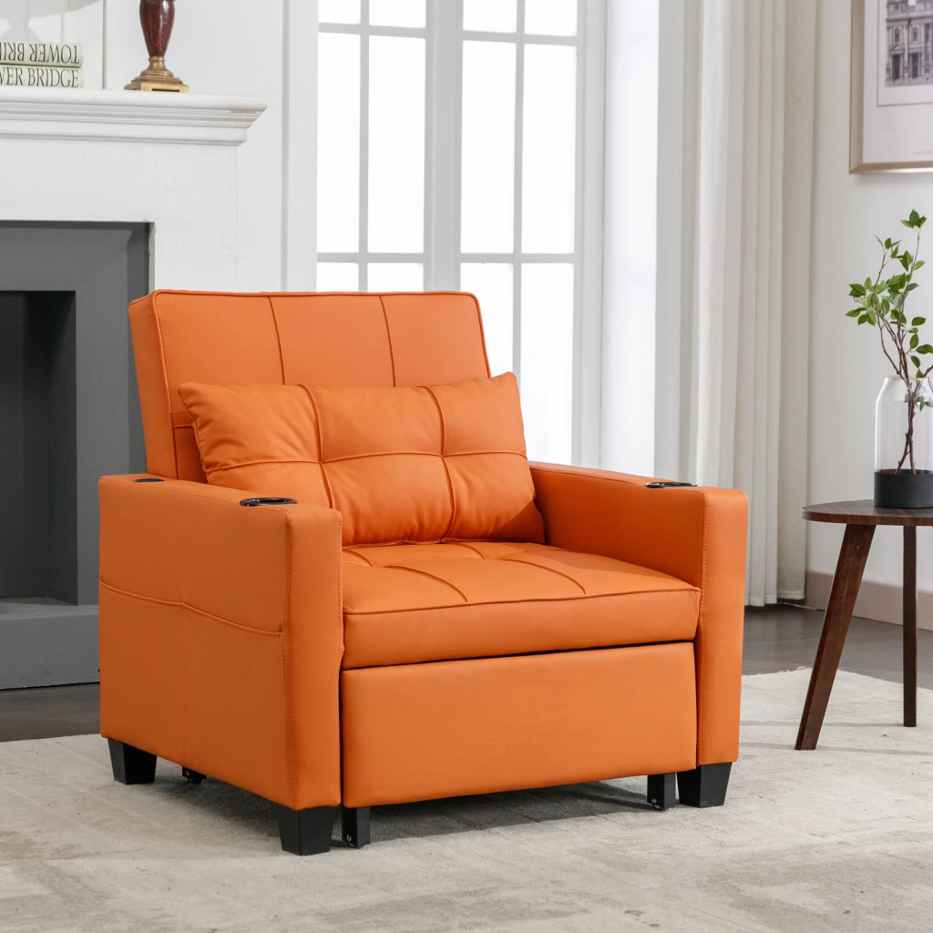 Poltrona letto 3 in 1 estraibile con schienale regolabile porta bevande e tasca in pu arancione 74 × 87 × 84 cm