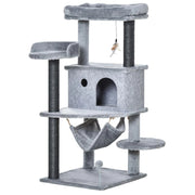 ALBERO TIRAGRAFFI PER GATTI CON PALO, CASETTA, LETTO, AMACA E 2 GIOCHI IN LEGNO E PELUCHE, 48X48X107 CM, GRIGIO